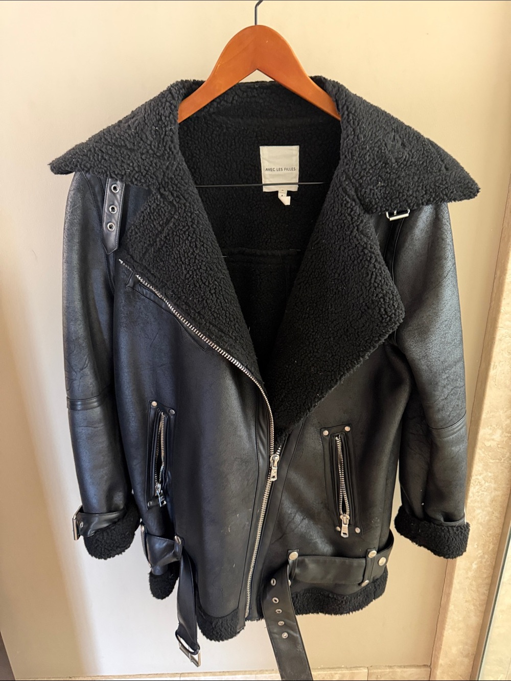 Avec Les Filles Black Shearling-Trim Moto Bomber Jacket